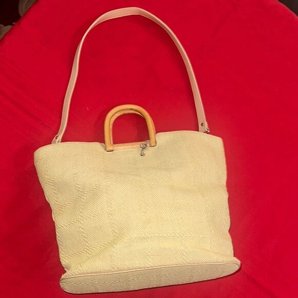 Fossil Elegant Tan Woven Tote Bag with Wooden Handles and Long Strap - Picture 3 of 10